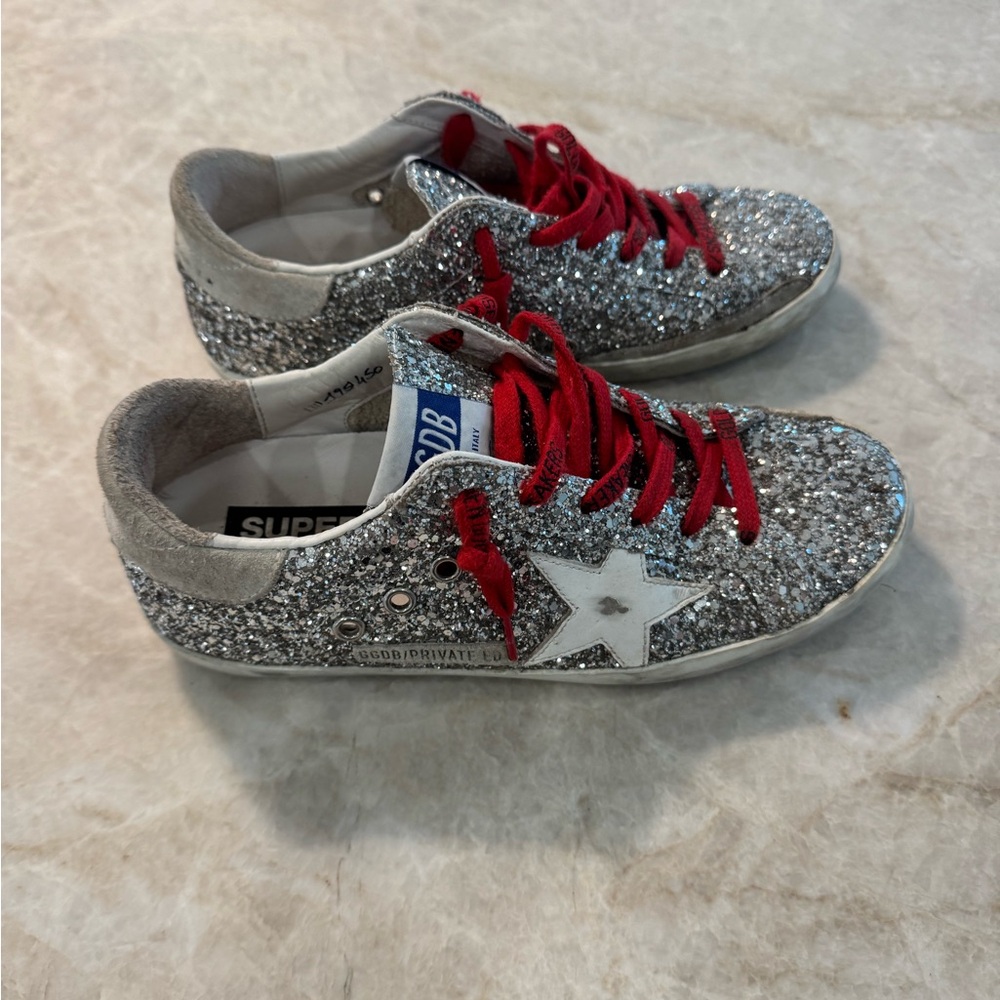 Golden Goose Silver Glitter Sneakers with Red Laces